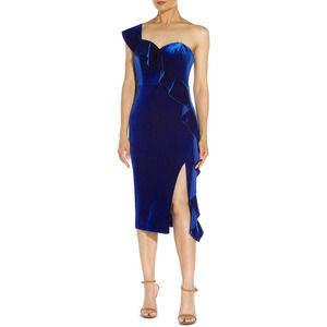 Aidan Blue Velvet One Shoulder Midi Dress - Party Dress Size 2